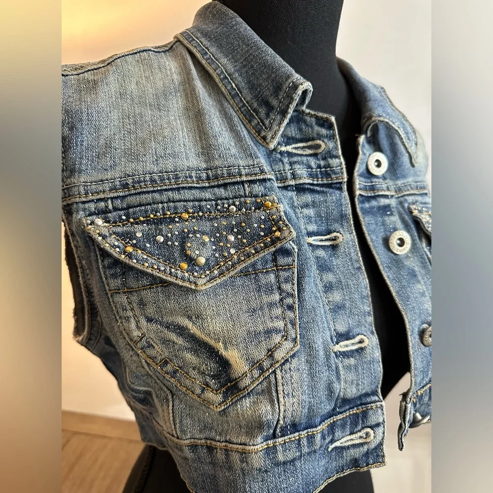 Americana Blues Distressed Embellished Sleeveless Vest - Size S - Picture 2 of 13